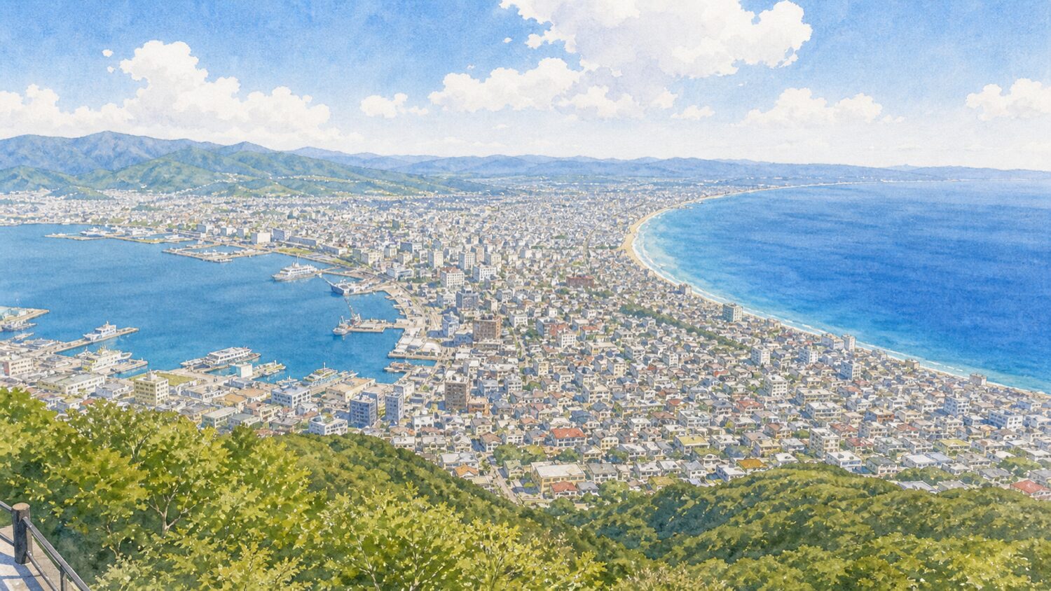 函館山から日中に見た函館湾、津軽海峡、函館市街を水彩タッチで描いたイメージ