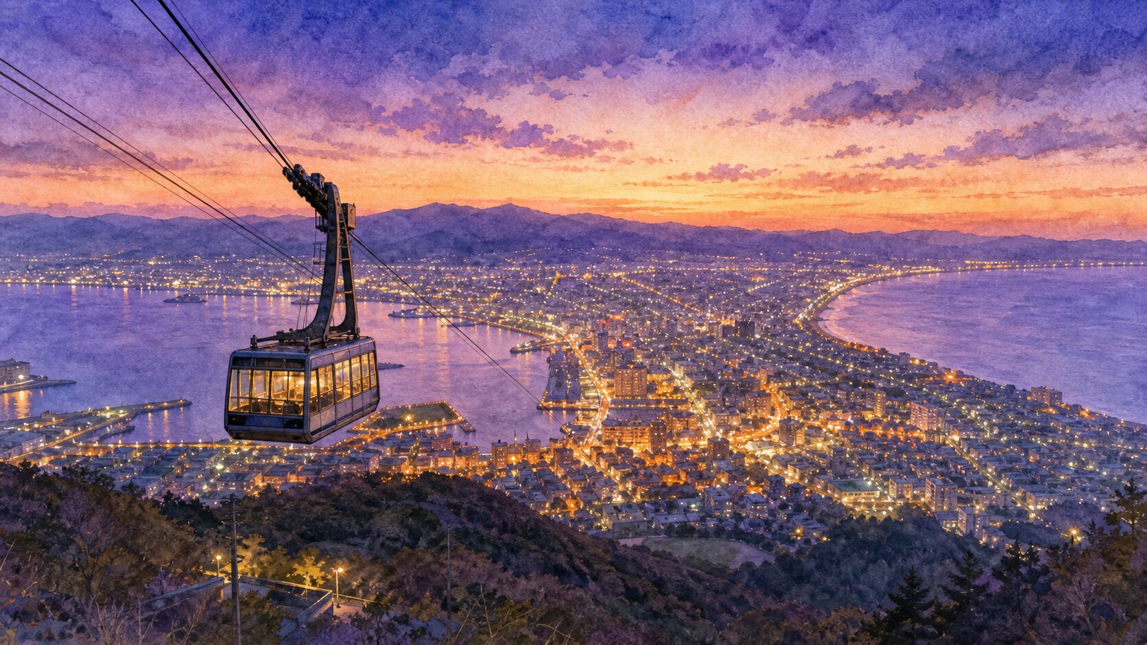 夕暮れの函館山ロープウェイと函館市街の夜景を水彩タッチで描いたイメージ