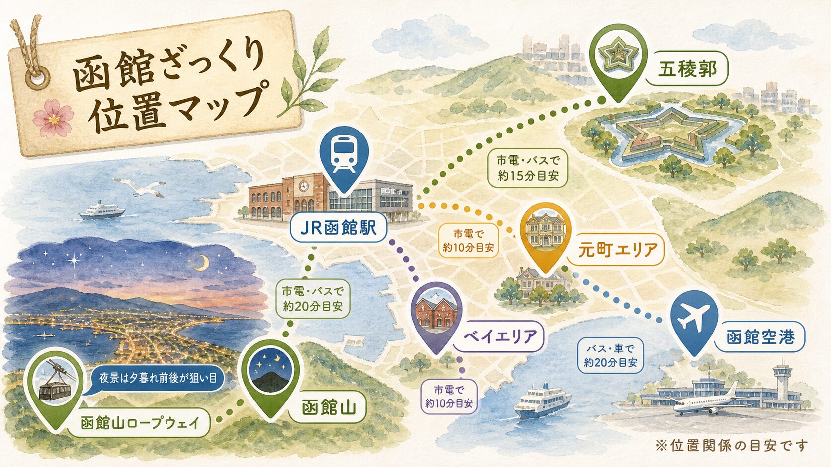 函館駅から函館山、元町、ベイエリア、函館空港方面の位置関係を示した水彩マップ