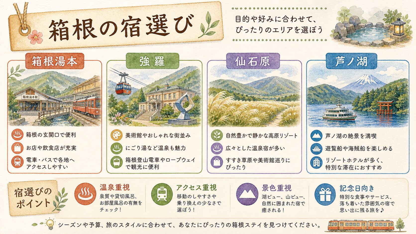 箱根湯本、強羅、仙石原、芦ノ湖の宿選びを比較した水彩図解