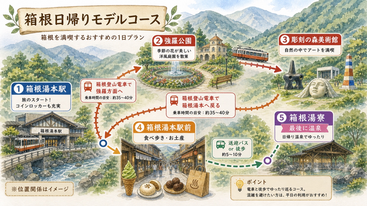 箱根湯本駅から強羅公園、彫刻の森美術館、箱根湯本駅前、箱根湯寮を回る簡易ルートマップ