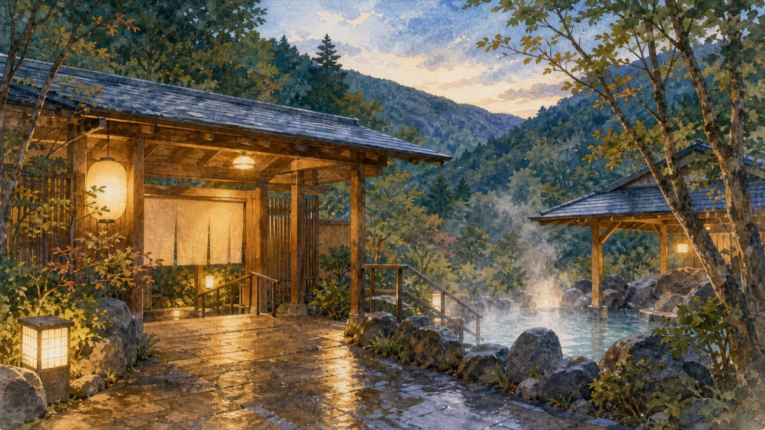 箱根の山あいにある日帰り温泉施設と露天風呂の旅行イメージ