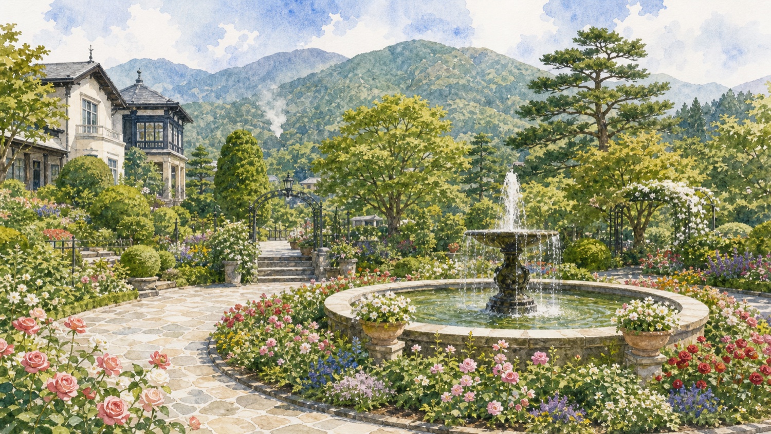 箱根強羅公園の噴水や花壇と山の景色の旅行イメージ