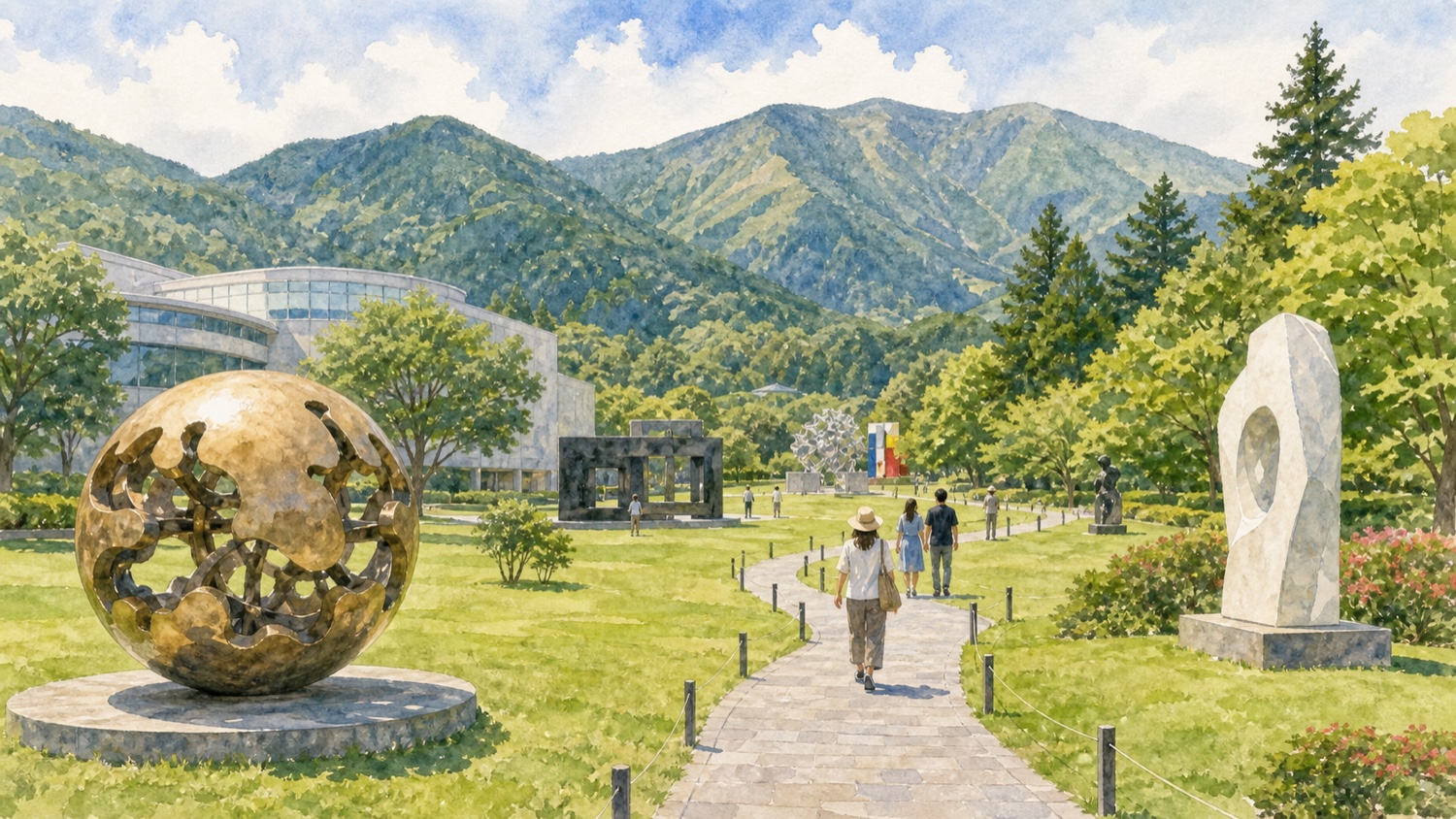 箱根彫刻の森美術館の屋外展示と山の景色の旅行イメージ