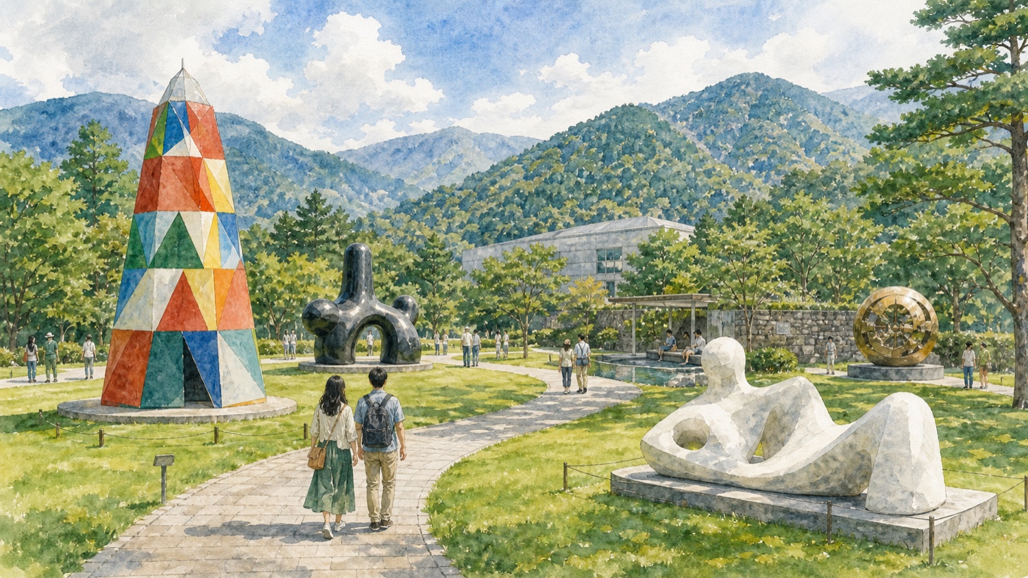 箱根彫刻の森美術館の屋外展示をイメージした複数の彫刻と箱根の山並み