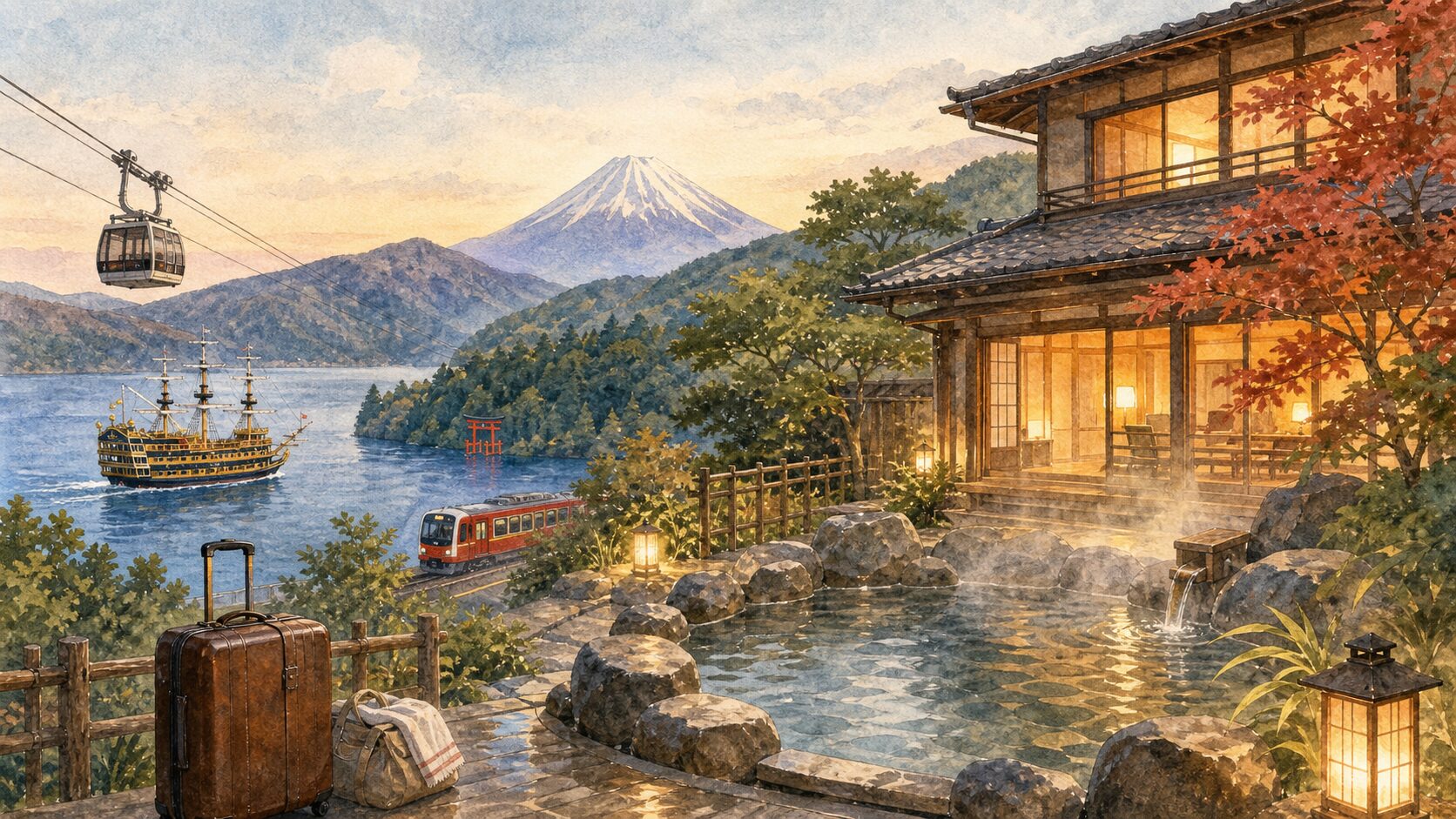 箱根の温泉旅館と芦ノ湖、富士山を水彩タッチで描いたイメージ