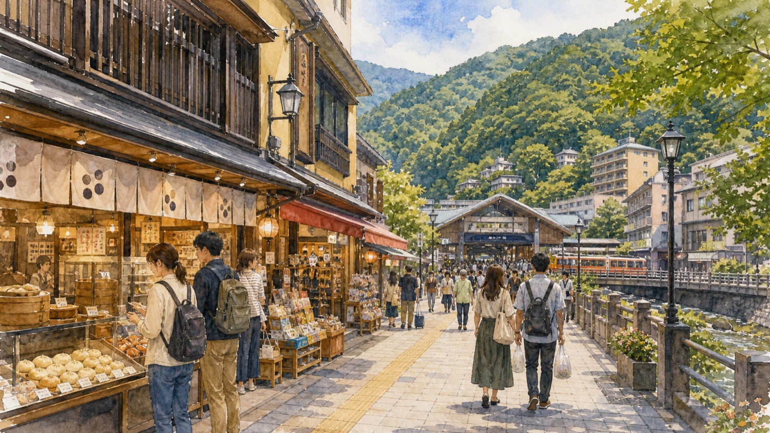 箱根湯本駅前の食べ歩きとお土産店が並ぶ温泉街の旅行イメージ
