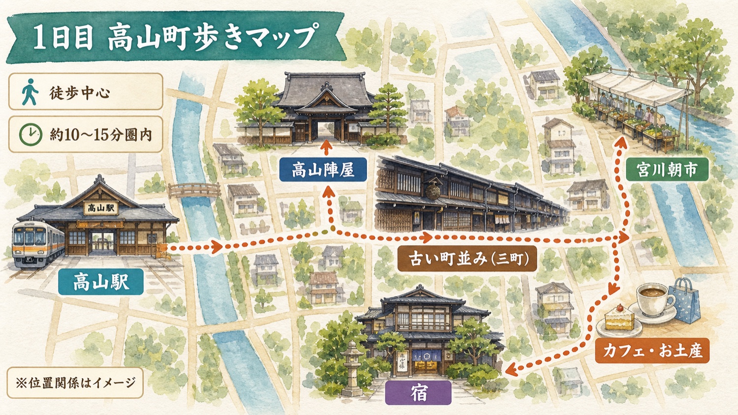 高山駅から古い町並みや高山陣屋を歩く1日目の簡易マップ