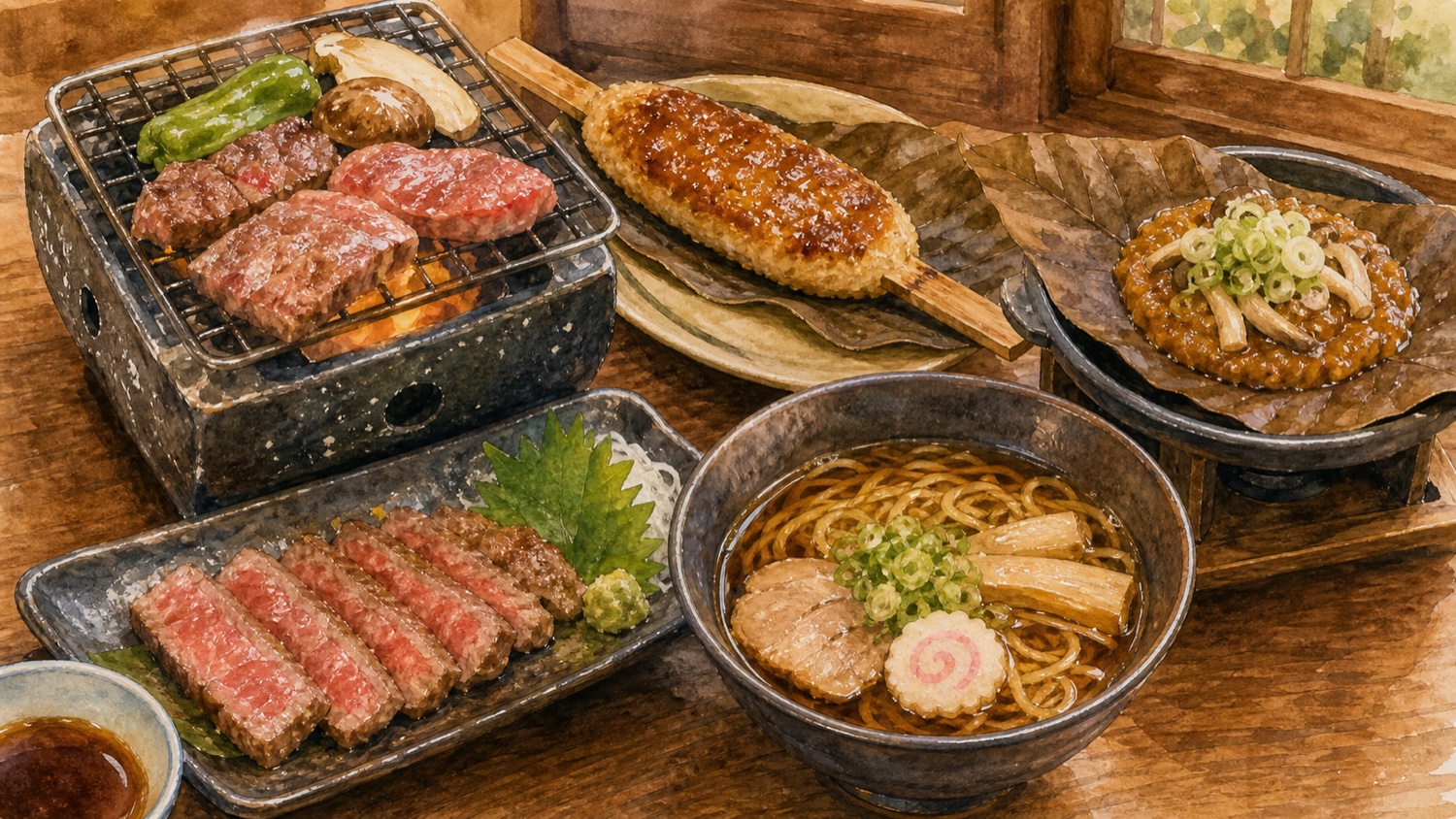 飛騨牛や高山ラーメンや朴葉みそなど飛騨高山グルメのイメージ