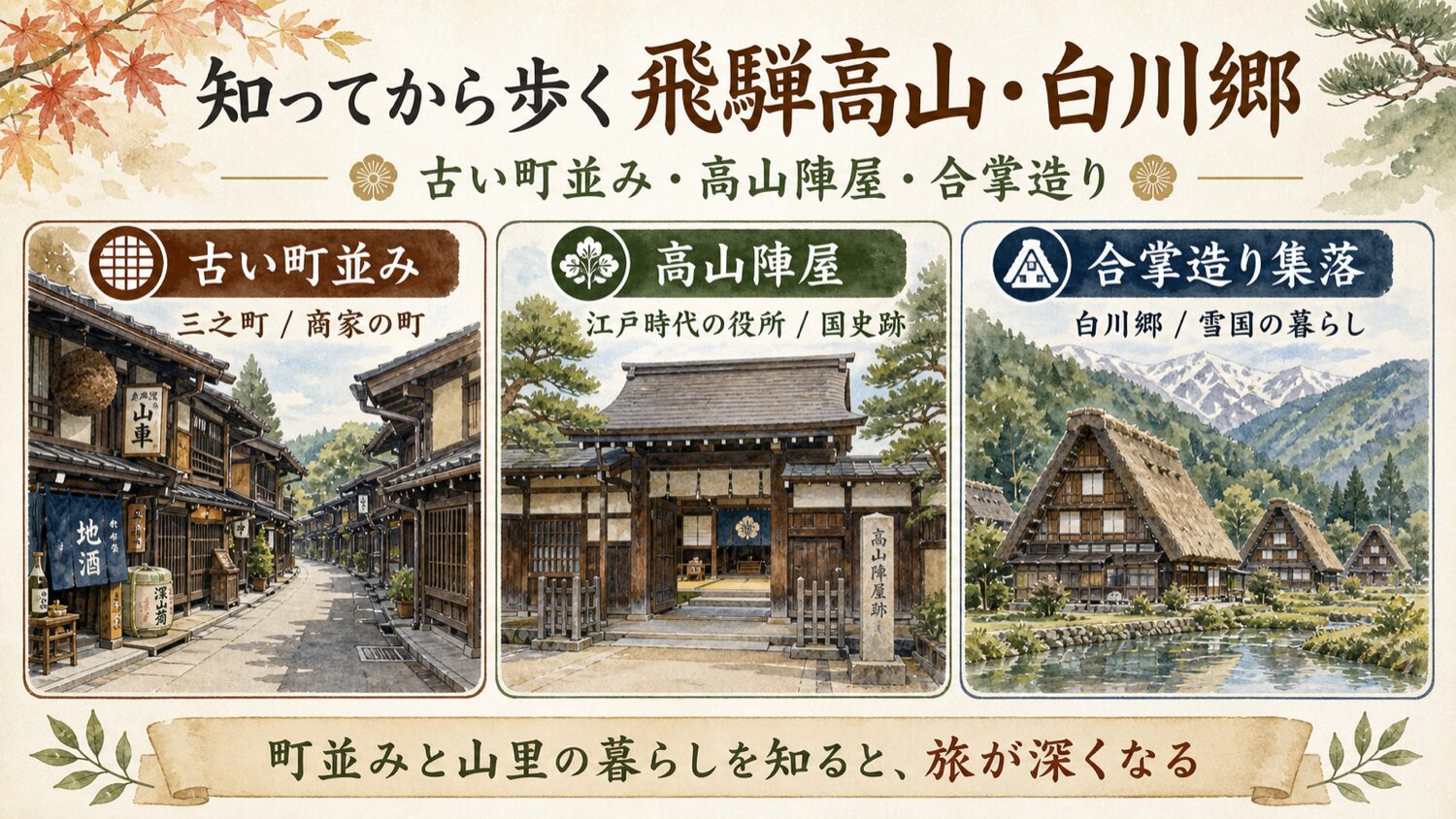 飛騨高山と白川郷を古い町並み、高山陣屋、合掌造り集落として理解するインフォグラフィック