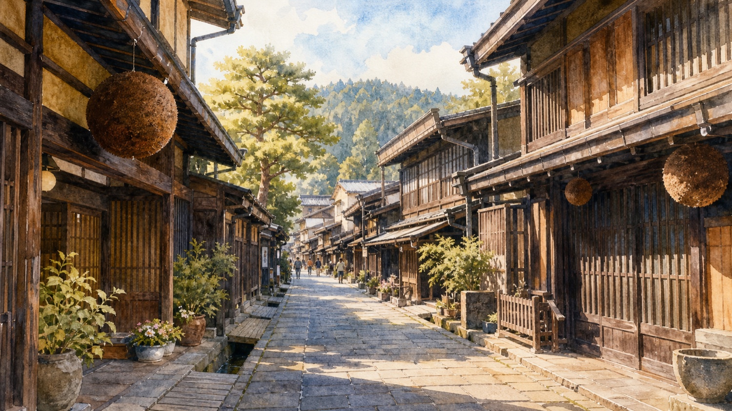 飛騨高山の三之町と上三之町の古い町並みを歩く旅行イメージ