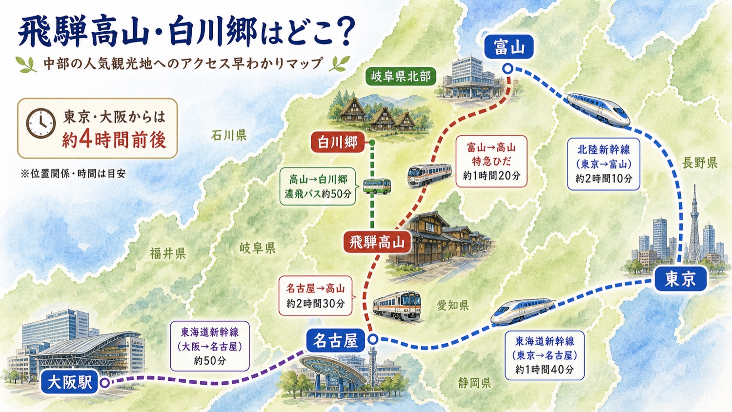 東京 名古屋 大阪 富山から飛騨高山と白川郷へ向かう広域アクセス簡易マップ