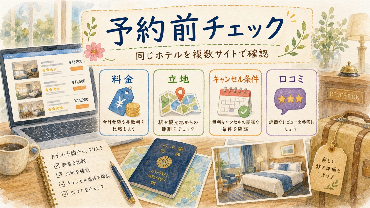 ホテル予約前に料金 立地 キャンセル条件 口コミを確認する水彩タッチのチェックリスト