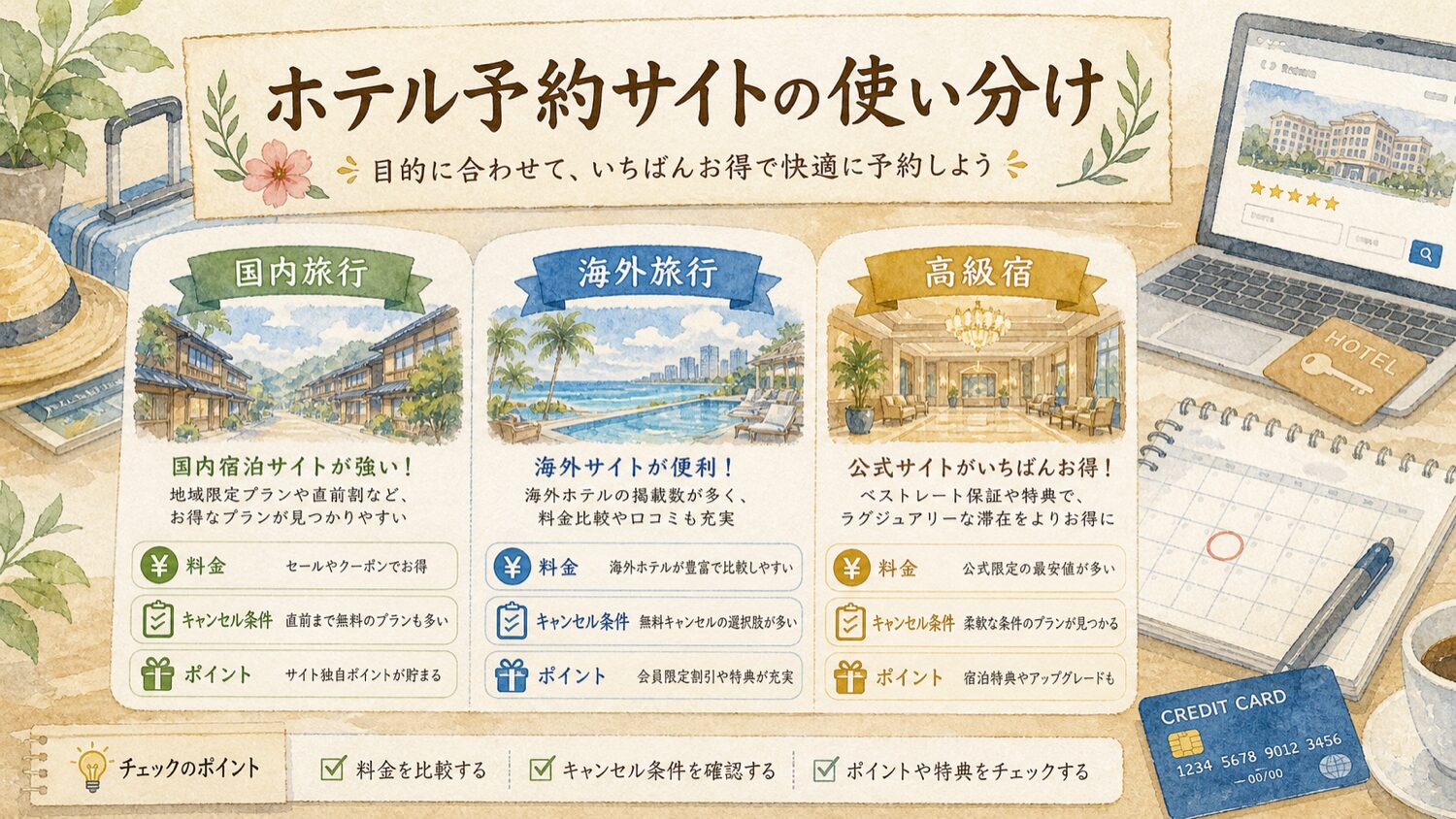 国内旅行 海外旅行 高級宿でホテル予約サイトを使い分ける水彩タッチの図解