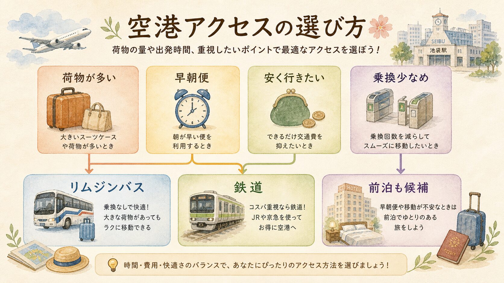 荷物量、早朝便、安さ、乗換の少なさで空港アクセスを選ぶ水彩図解