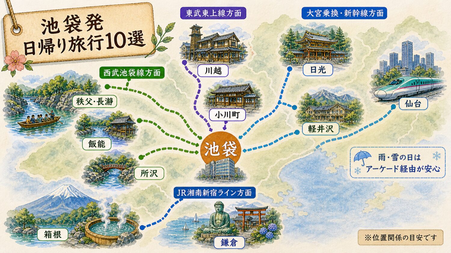 池袋を起点に秩父長瀞、川越、鎌倉、日光、箱根、軽井沢、仙台などへ向かう日帰り旅行先を示した水彩マップ