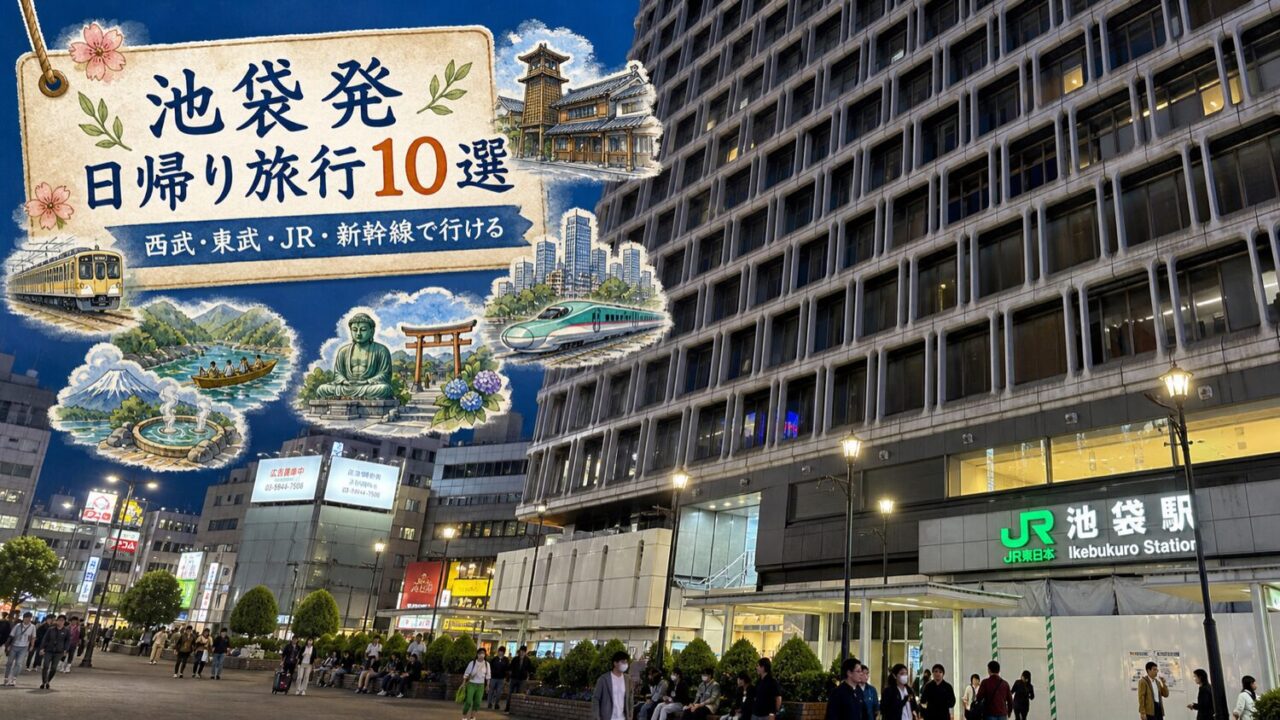 JR池袋駅の実写写真に池袋発日帰り旅行10選のタイトルと旅先イラストを重ねたアイキャッチ