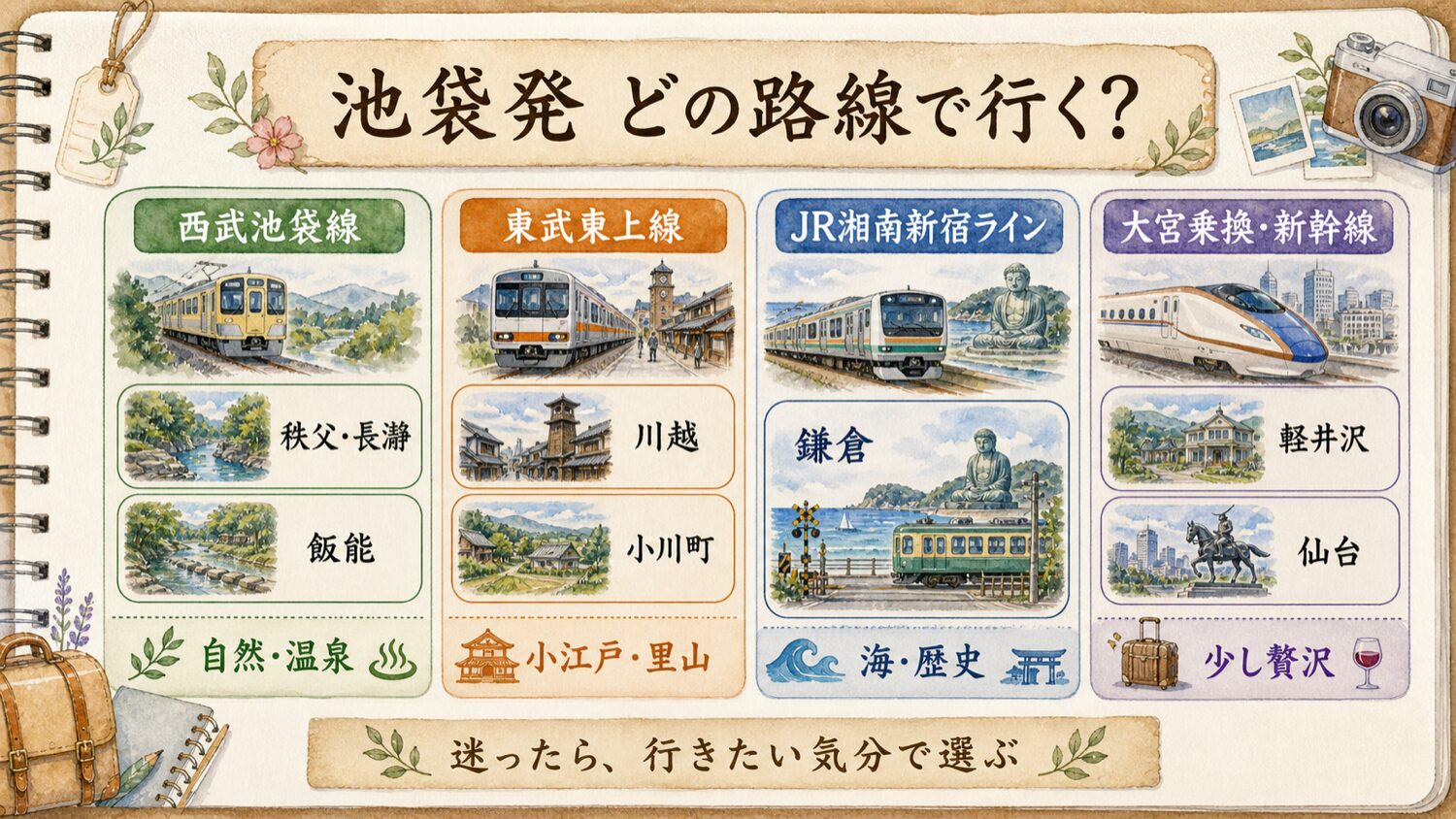 池袋発の日帰り旅行を西武池袋線、東武東上線、JR湘南新宿ライン、大宮乗換新幹線で選ぶ水彩比較表