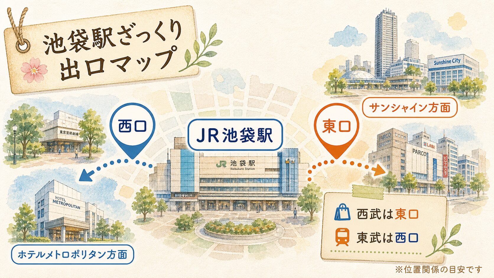 池袋駅の東口と西口、サンシャイン方面、ホテルメトロポリタン方面を示した水彩マップ