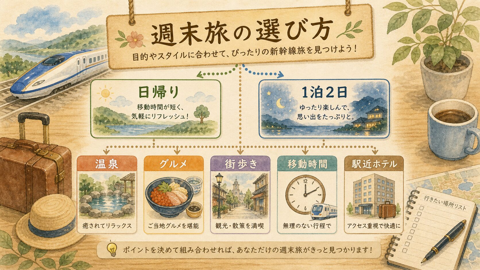 池袋発の週末新幹線旅行を日帰り、1泊2日、温泉、グルメ、街歩きで選ぶ水彩図解
