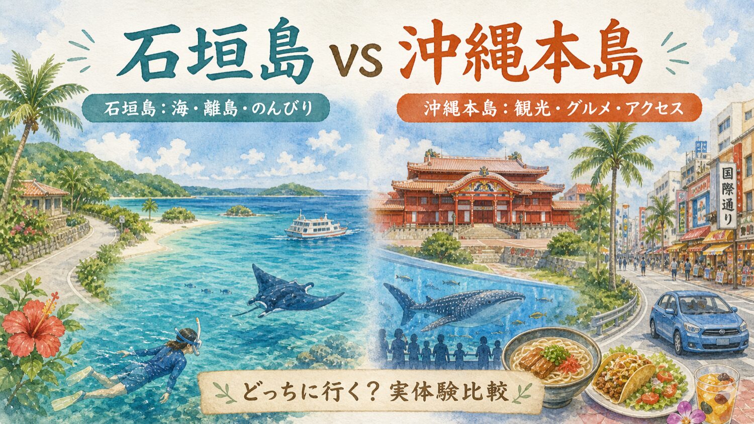石垣島と沖縄本島の違いを比較した水彩イラスト