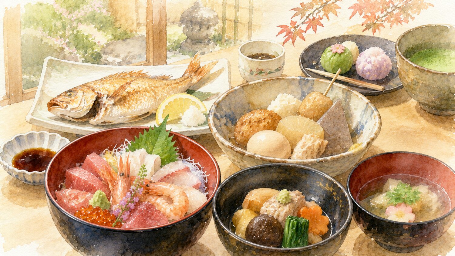 石川旅行で食べたい海鮮丼や金沢おでんなどのグルメを水彩タッチで描いたイメージ