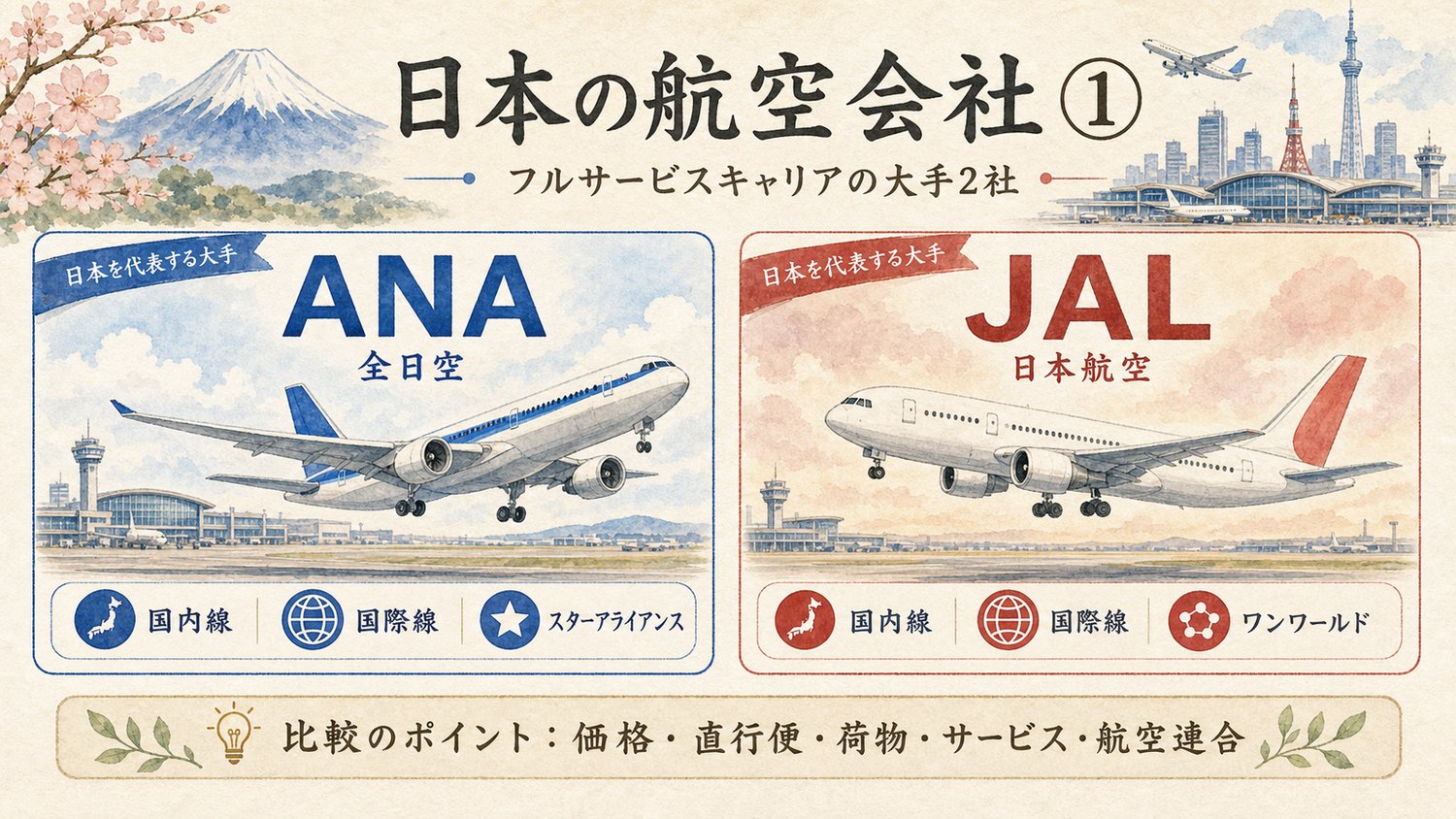 ANAとJALを比較した日本の航空会社イメージ図