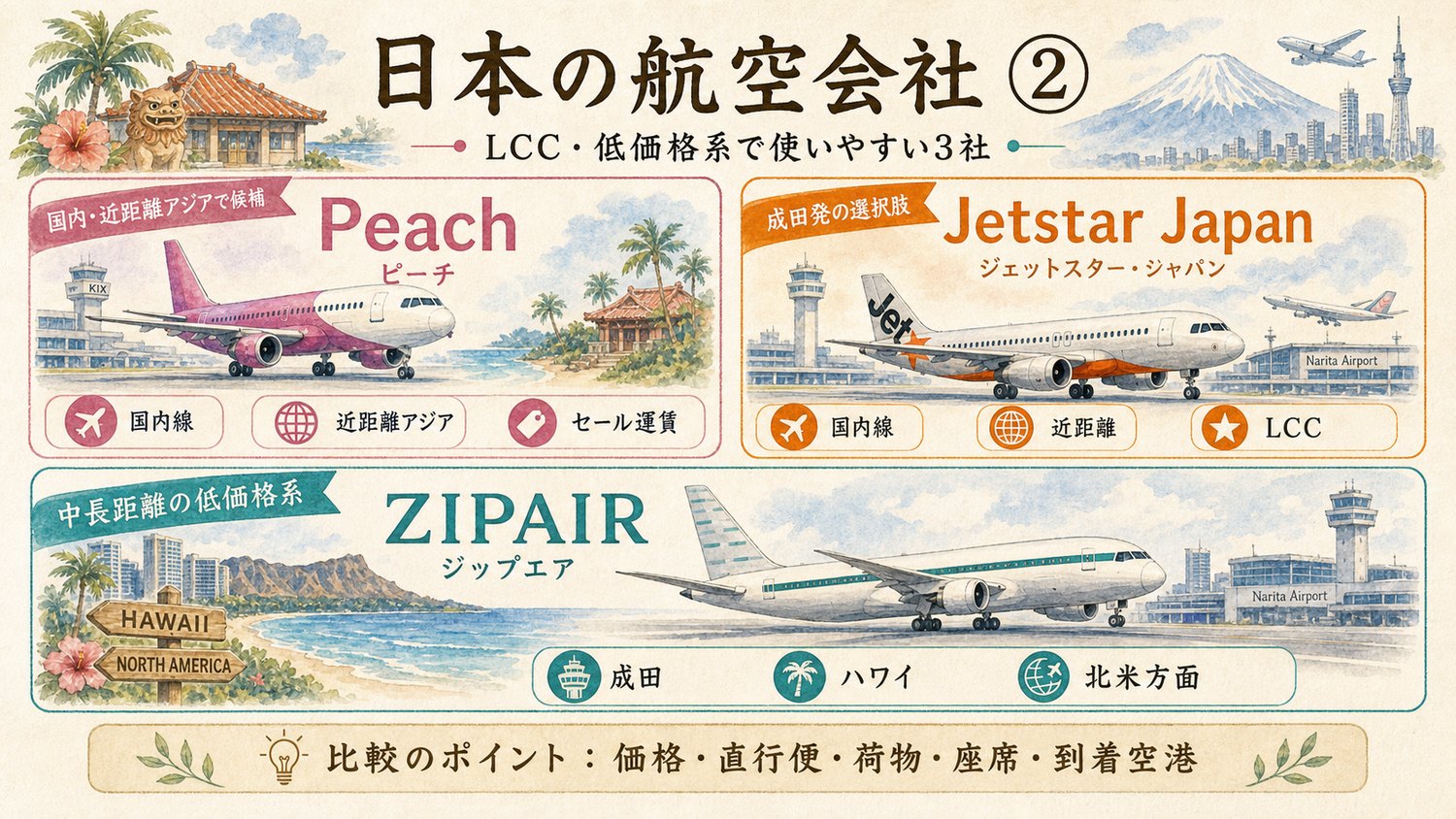 Peach、Jetstar Japan、ZIPAIRを比較した日本のLCC系航空会社イメージ図