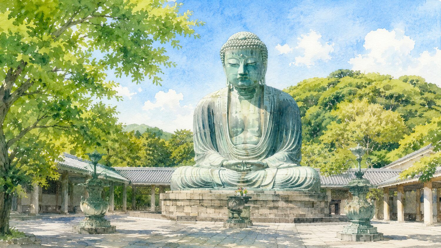 鎌倉大仏と高徳院の境内を水彩タッチで描いたイメージ