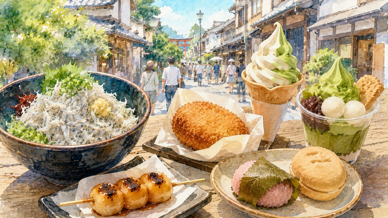 鎌倉のしらす丼や抹茶スイーツなど食べ歩きグルメを水彩タッチで描いたイメージ