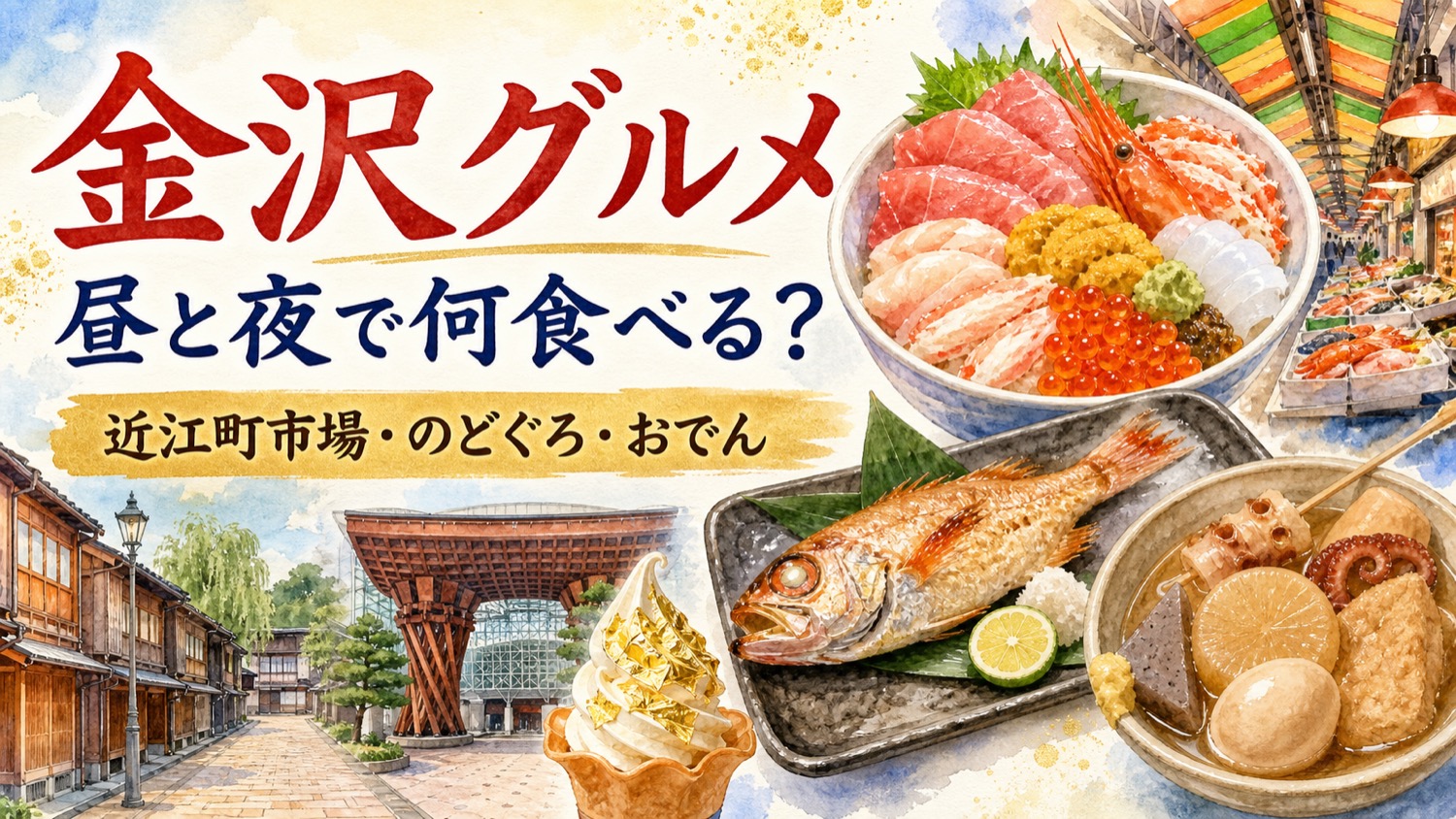 金沢グルメを昼は近江町市場、夜はのどぐろとおでん、休憩は和菓子とお茶に分けた水彩図解