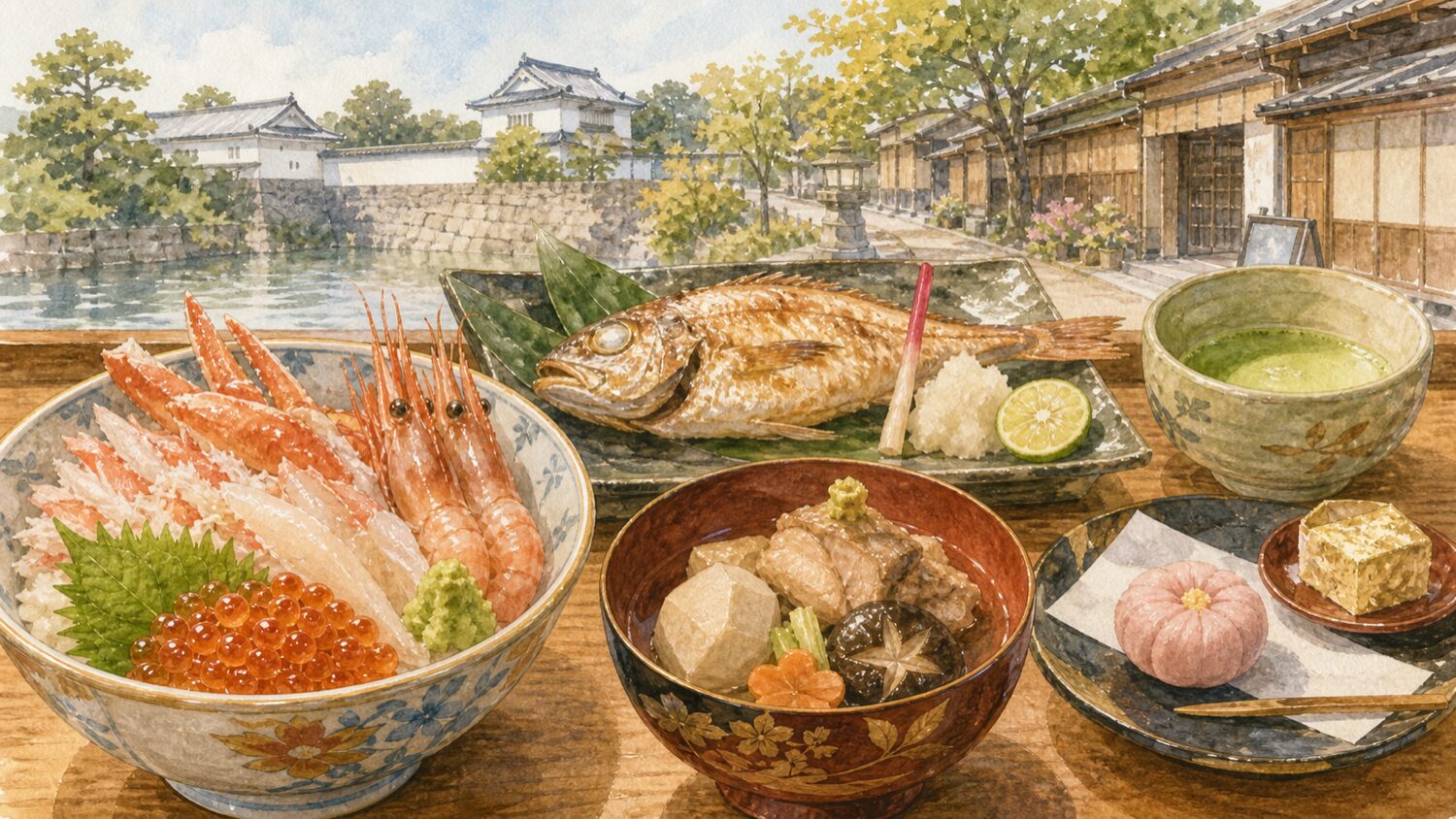 金沢グルメの海鮮丼、のどぐろ、治部煮、和菓子を水彩タッチで描いたイメージ