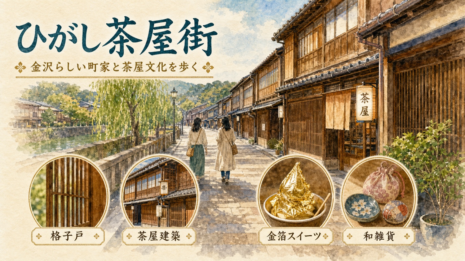 金沢ひがし茶屋街の格子戸 茶屋建築 金箔スイーツ 和雑貨がわかる水彩イメージ