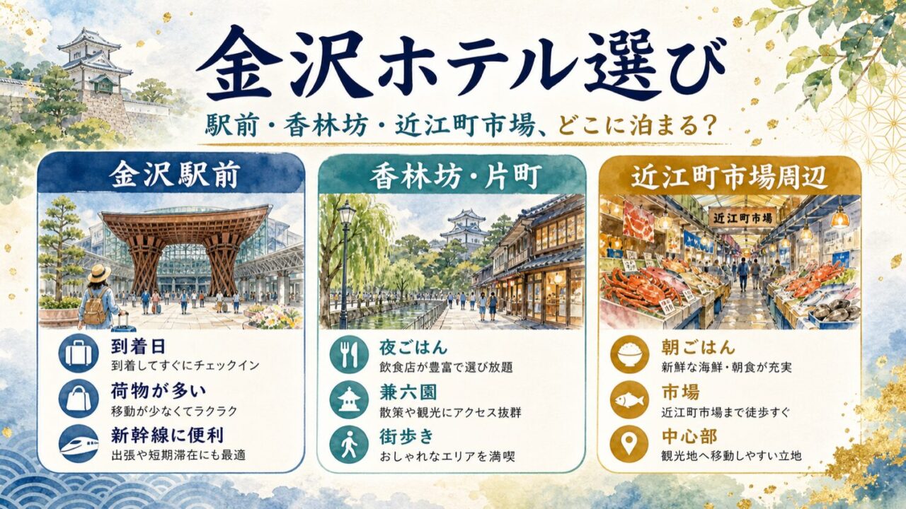 金沢ホテル選びで金沢駅前、香林坊片町、近江町市場周辺の特徴を比較する水彩インフォグラフィック