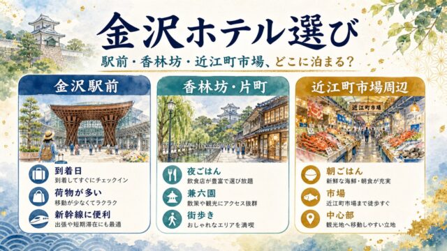 金沢ホテル選びで金沢駅前、香林坊片町、近江町市場周辺の特徴を比較する水彩インフォグラフィック