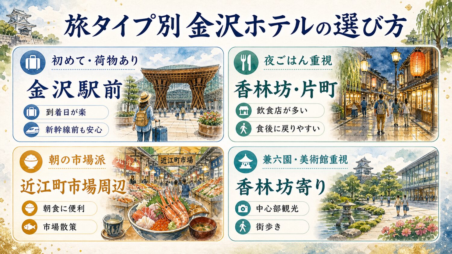旅タイプ別に金沢駅前 香林坊片町 近江町市場周辺 香林坊寄りのホテル選びを比較する水彩インフォグラフィック