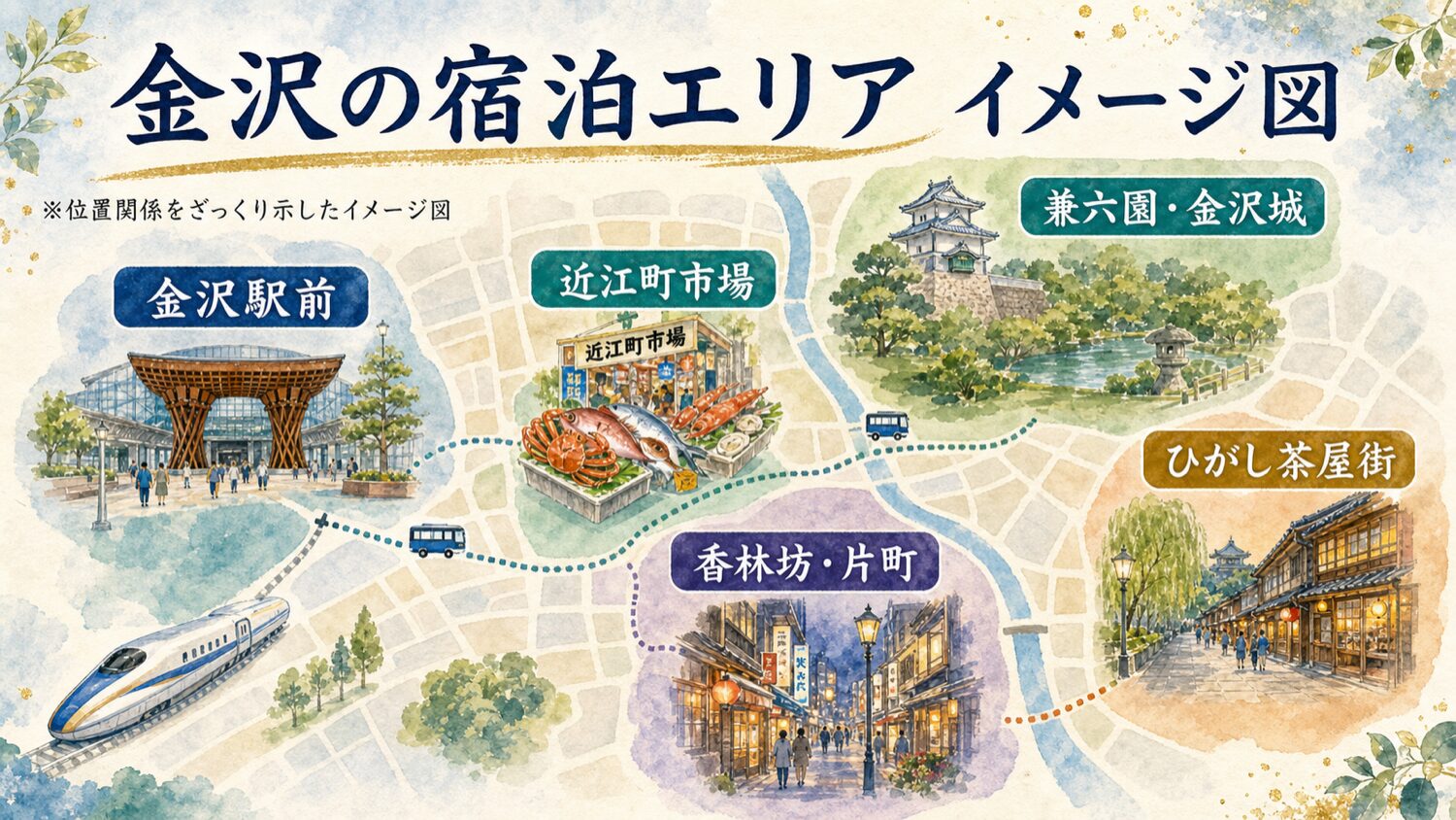 金沢駅前 近江町市場 香林坊片町 兼六園金沢城 ひがし茶屋街の位置関係をざっくり示す水彩イメージ図