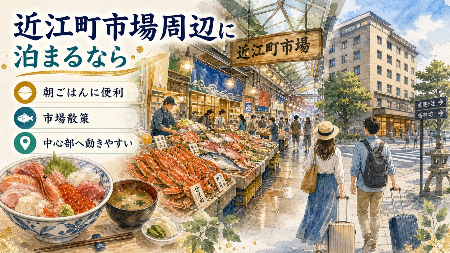 近江町市場周辺に泊まるなら朝ごはん 市場散策 中心部への動きやすさを示す水彩イメージ