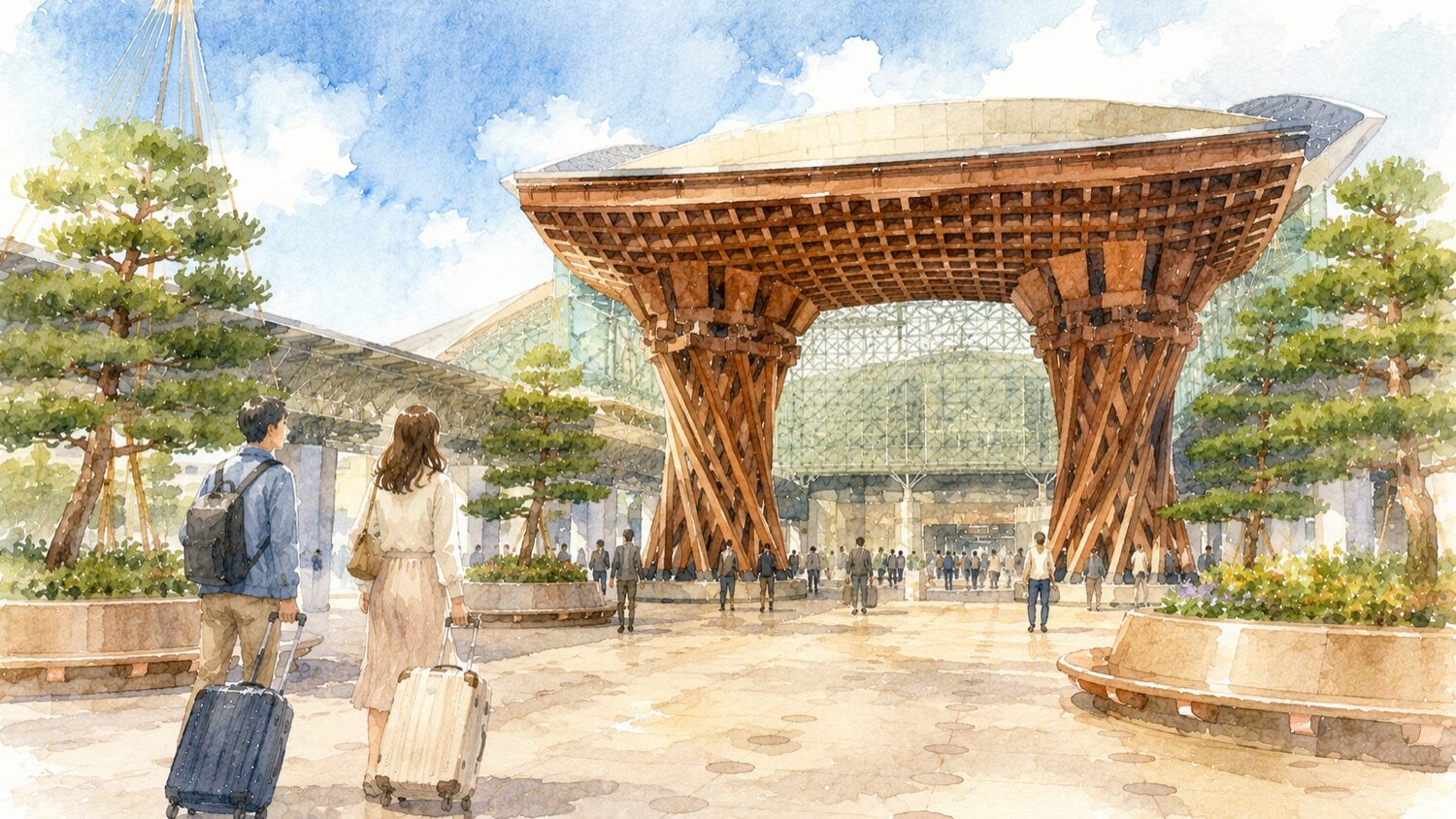 北陸新幹線で金沢駅に到着し鼓門を見る旅行者を水彩タッチで描いたイメージ