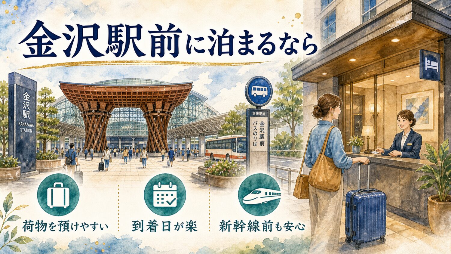 金沢駅前に泊まるなら荷物預かり 到着日 新幹線前の動きやすさを示す水彩イメージ
