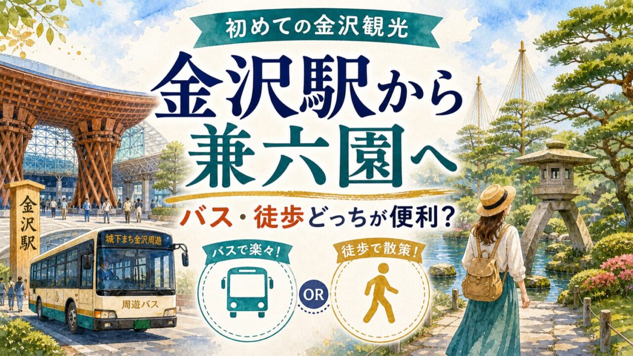金沢駅から兼六園へバスと徒歩どっちが便利かを示す水彩アイキャッチ