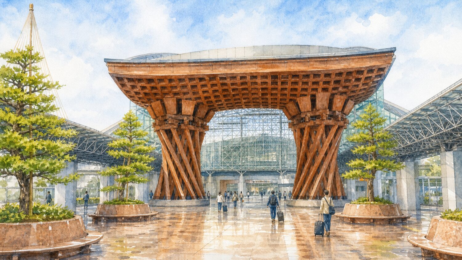 金沢駅の鼓門ともてなしドームを水彩タッチで描いたイメージ