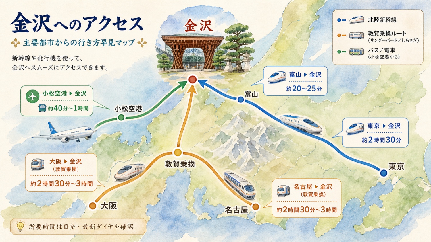 東京 大阪 名古屋 富山 小松空港から金沢への広域アクセス早見マップ