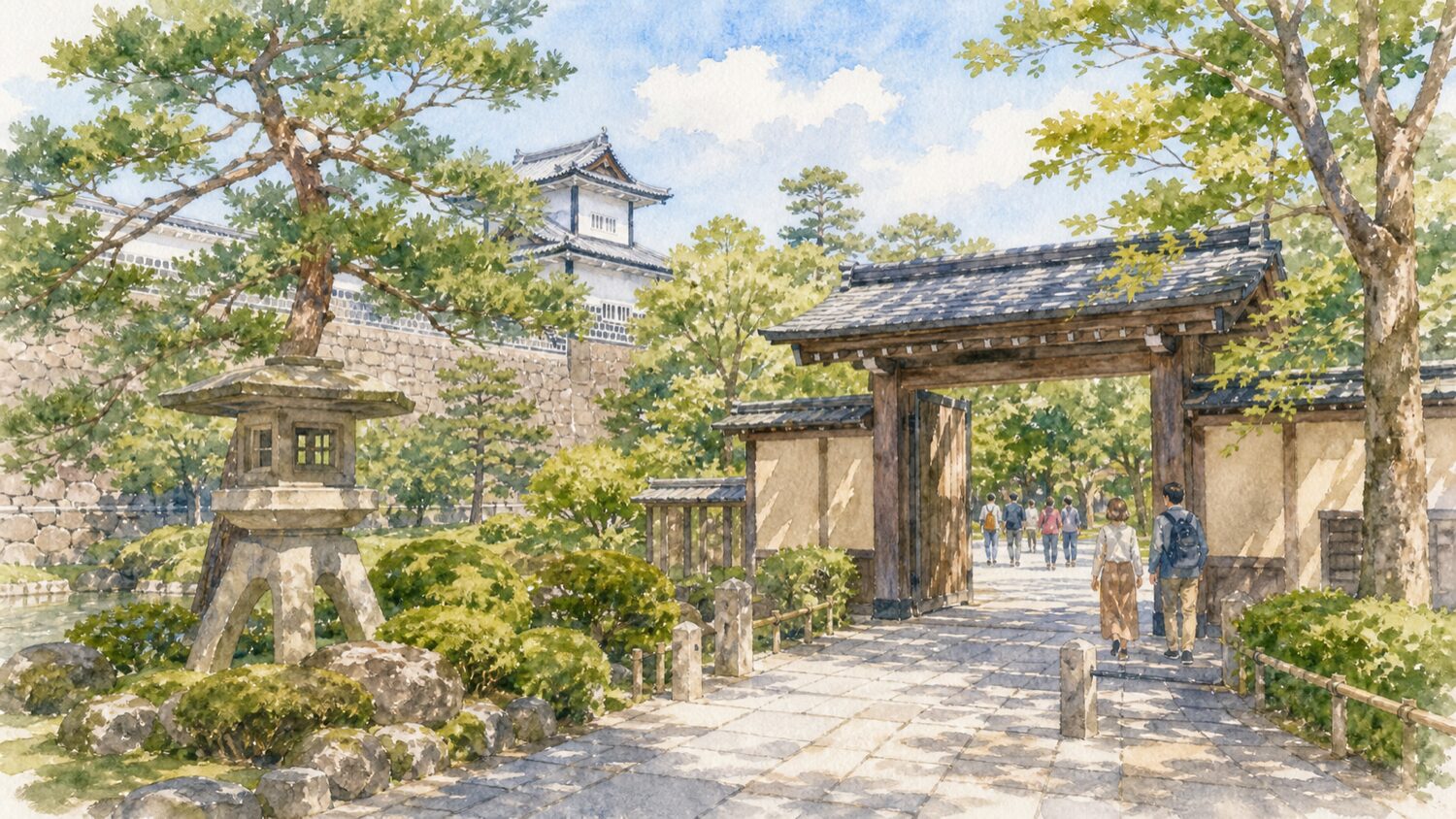 兼六園の入口周辺と金沢城側の雰囲気を水彩タッチで描いたイメージ