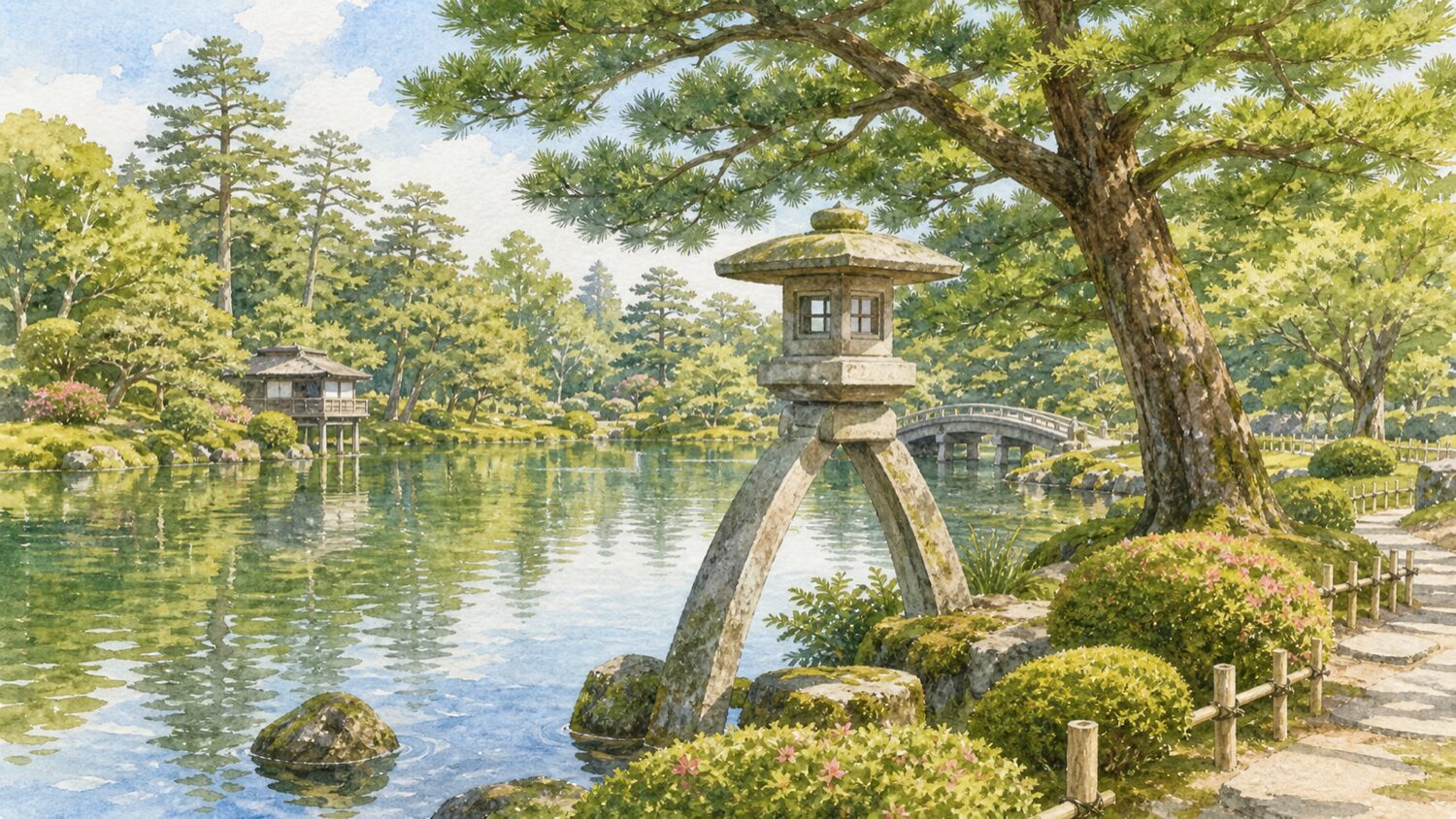 兼六園の園内にあることじ灯籠と霞ヶ池を水彩タッチで描いたイメージ
