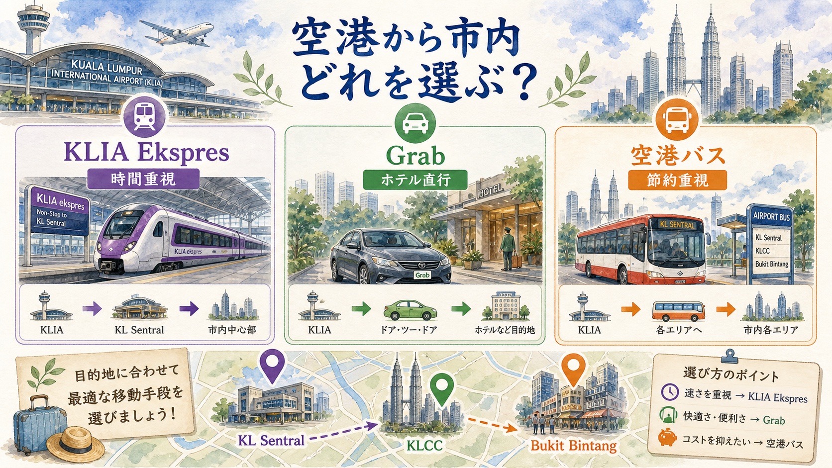 KLIA空港からクアラルンプール市内へKLIA Ekspres Grab 空港バスを比較する水彩判断図解