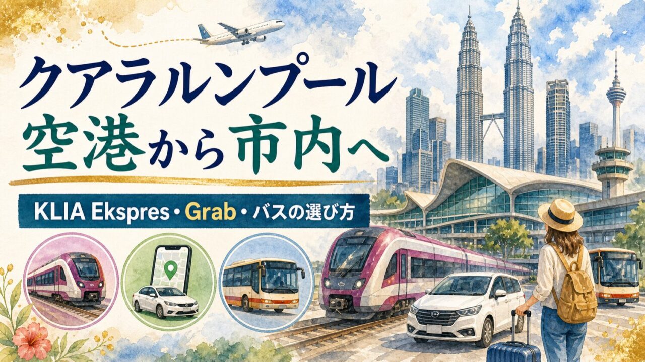 クアラルンプール空港から市内へKLIA Ekspres Grab バスで移動する方法を示す水彩アイキャッチ