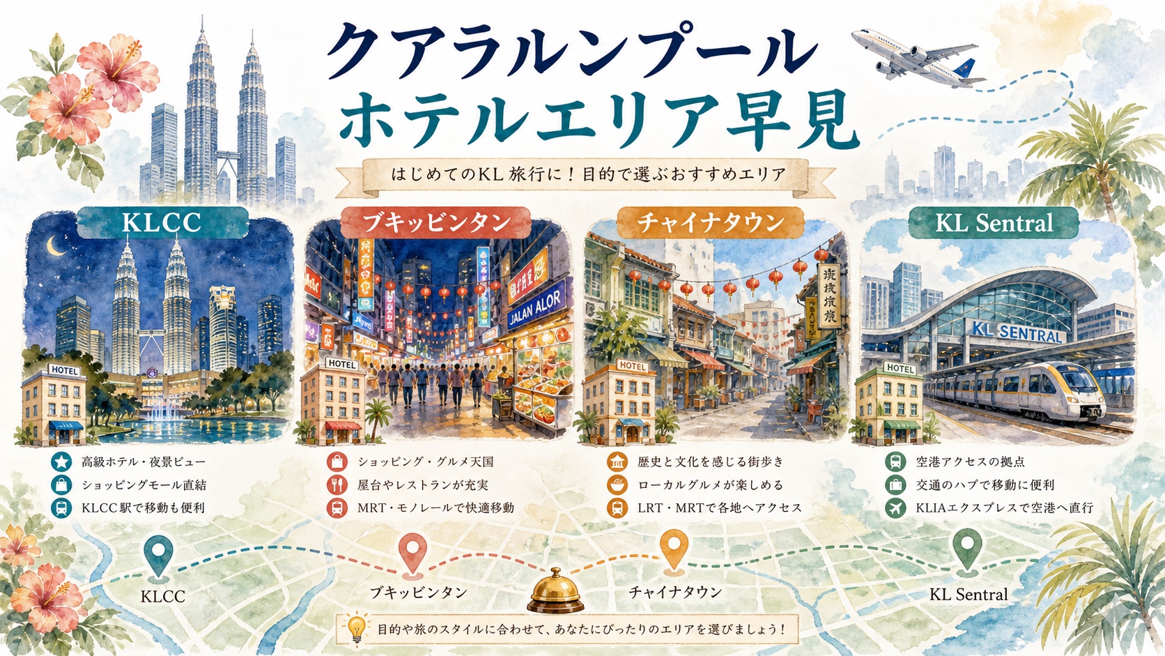 クアラルンプールのKLCC ブキッビンタン チャイナタウン KL Sentralのホテルエリアを比較する水彩図解