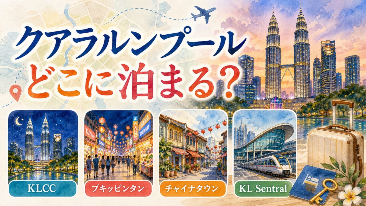 クアラルンプールでどこに泊まるかをKLCC ブキッビンタン チャイナタウン KL Sentralで比較する水彩アイキャッチ