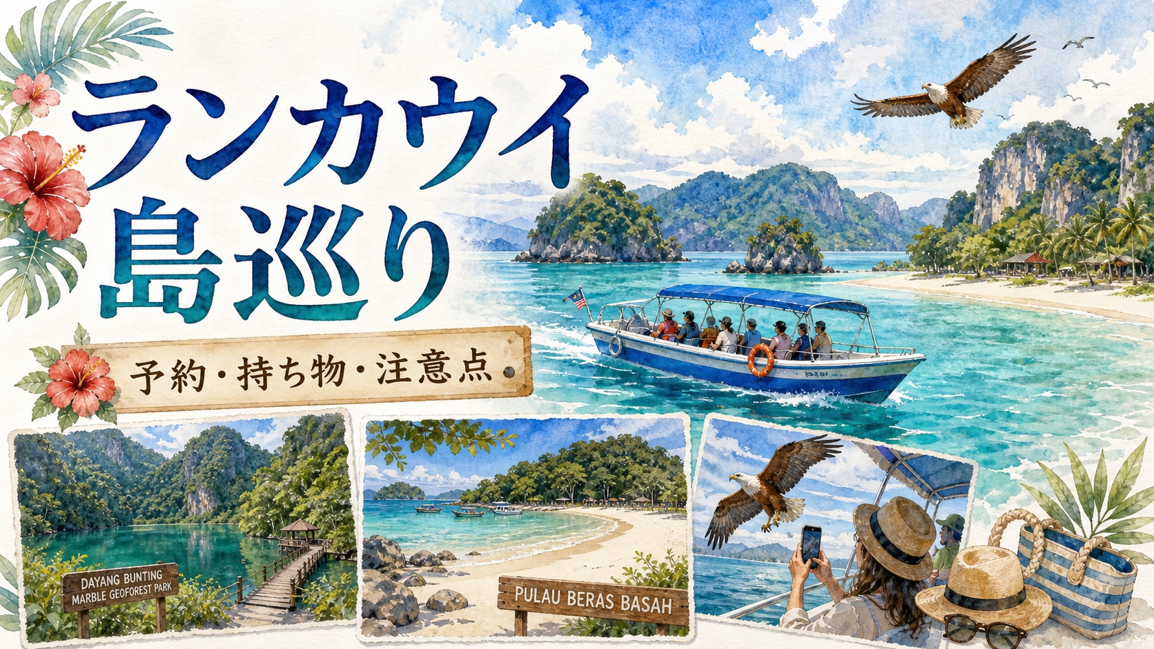 ランカウイ島巡りボートツアーの予約 持ち物 注意点を描いた水彩アイキャッチ